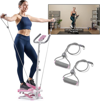 Sunny Health & Fitness Total Body 2-in-1 Smart Stepper Machine for Home with Handlebar and Resistance Bands, Total Body Workout, Adjustable Hydraulic, LCD Monitor, Non-Slip Pedals – 330 LB Max Weight