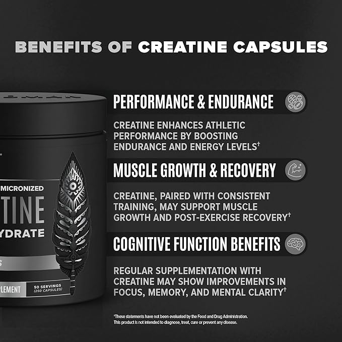 Micronized Creatine Monohydrate Capsules for Muscle Growth & Recovery, Pre & Post Workout, Vegan Creatine, Caffeine Free, Gluten Free, Sugar Free | 50 Servings | 250 Capsules