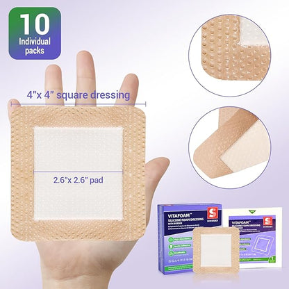 Silicone Foam Dressing 4" x 4" with Border, High Absorbency Wound Bandage, Gentle Adhesion, Soft Breathable Silicone Bandages for Wound Care, Pack of 5