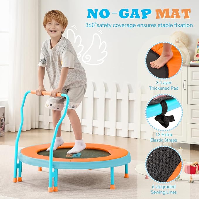 SPORTSOUL Mini Trampoline for Kids 3-6 with Super Safe Foam Handle Bar, 3ft Toddler Trampoline Indoor with No-Gap Cover for Indoor and Outdoor