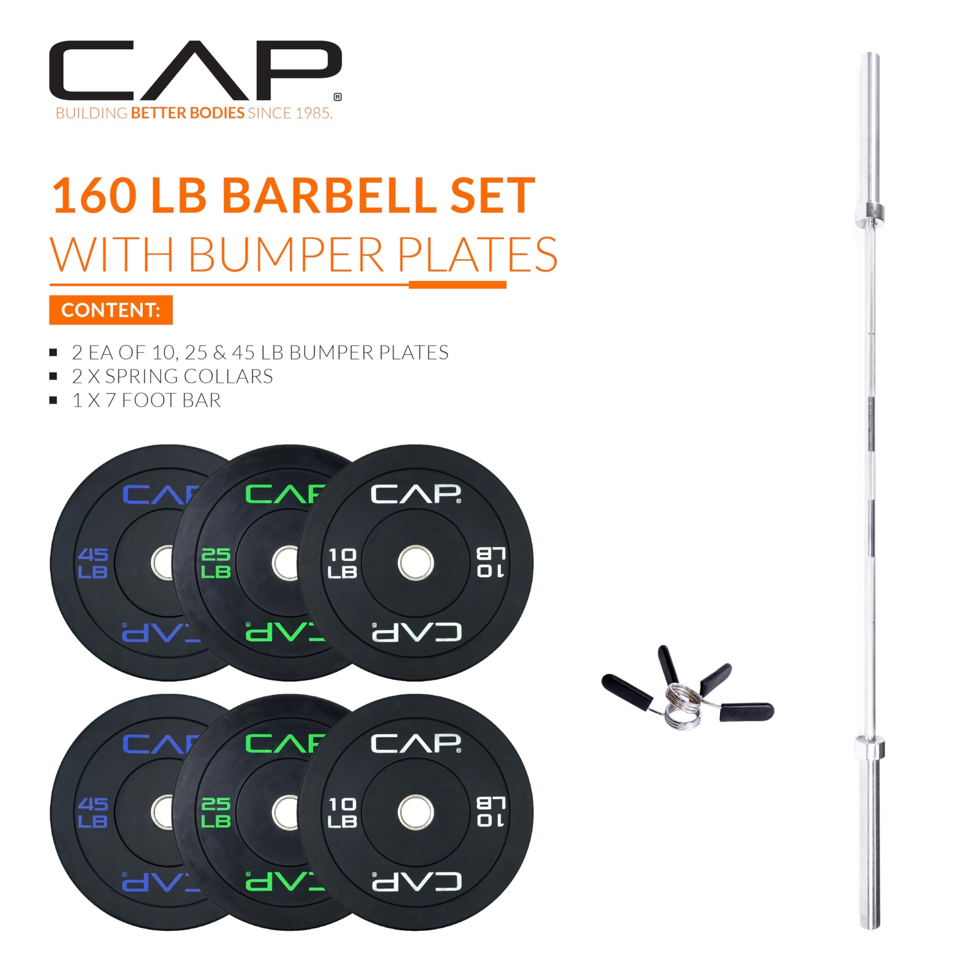 CAP Barbell 160 lb Economy Olympic Weight Set with 7ft Chrome Barbell & Black Bumper Plates with