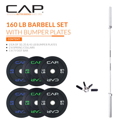 CAP Barbell 160 lb Economy Olympic Weight Set with 7ft Chrome Barbell & Black Bumper Plates with