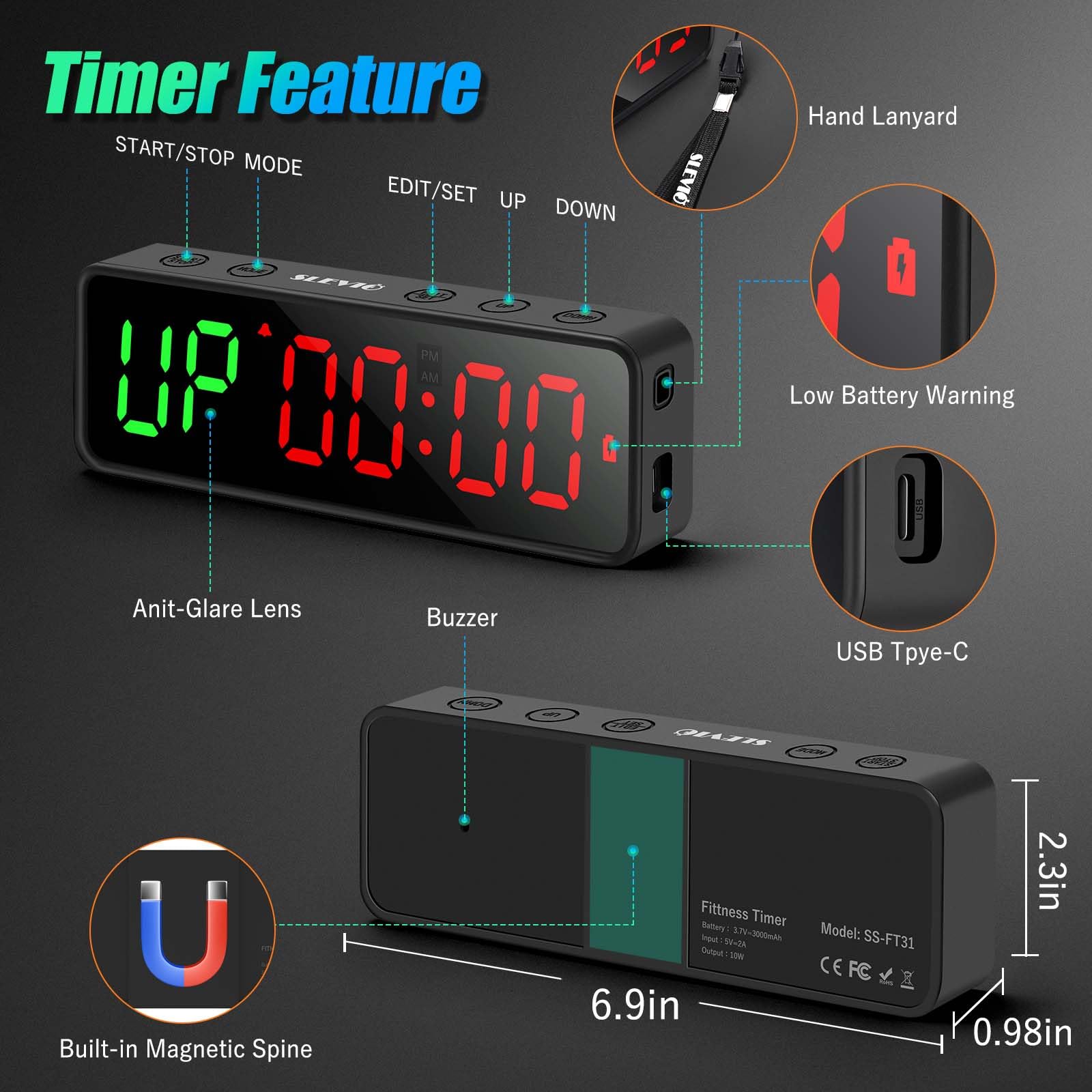 Small Gym Timer Clock Stopwatch Magnetic Workout Interval Timer, Large LED Digital Display, Home