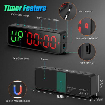 Small Gym Timer Clock Stopwatch Magnetic Workout Interval Timer, Large LED Digital Display, Home