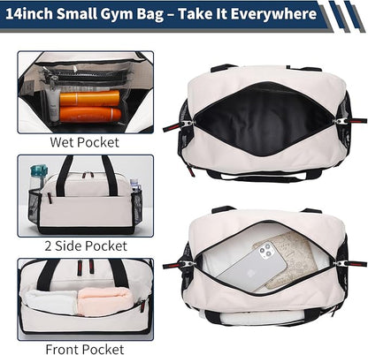 Small Gym Bag with Wet Pocket - 14 inch Mini Duffle Bag for Men & Women Lightweight Carry On Bag for Travel Sport - Beige