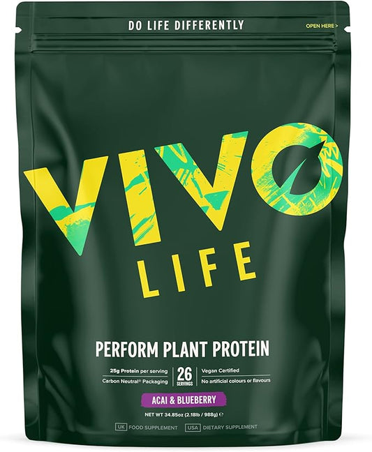 Vivo life Perform Plant Protein Powder - Pea & Hemp Protein Blend with BCAA (34.85 oz, Acai &