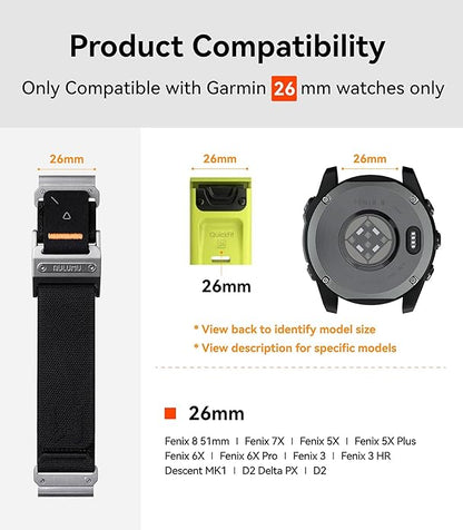 Aulumu C11 for Garmin Watch Band 26MM | Mag Buckle Slim Band | Memory Quick Release | Velvet Nylon Braid | Stainless Steel Magnetic Clasp