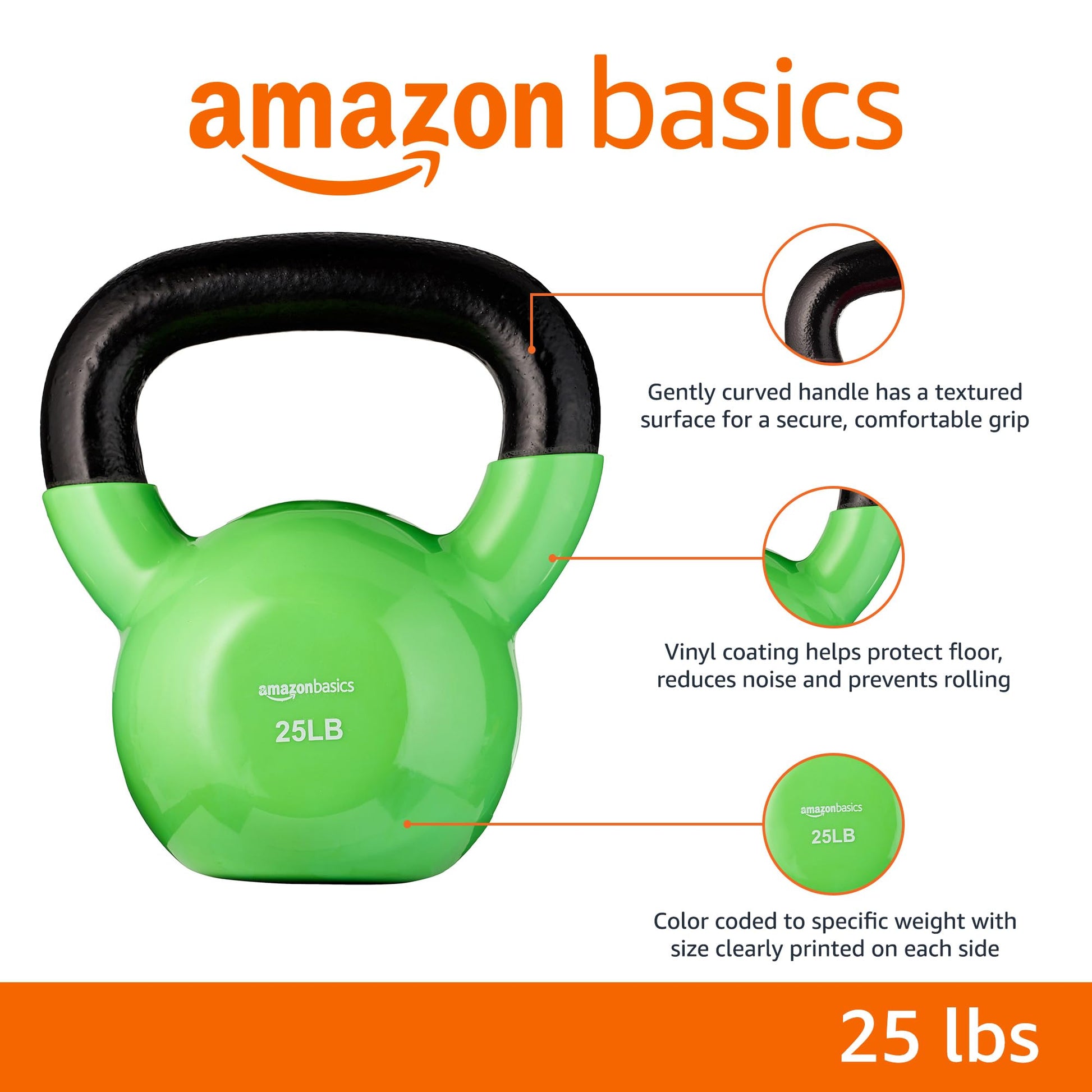 Amazon Basics Vinyl Kettlebell for Strength Training and Workout, 25 Pounds, Textured Handle, Light