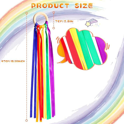 12 Pcs Rainbow Ribbon Wooden Waldorf Toys Creative Waldorf Hand Kite Set Streamers with Wood Ring Sensory Learning Educational Toy for Playroom Dancing Birthday (Bright Color)