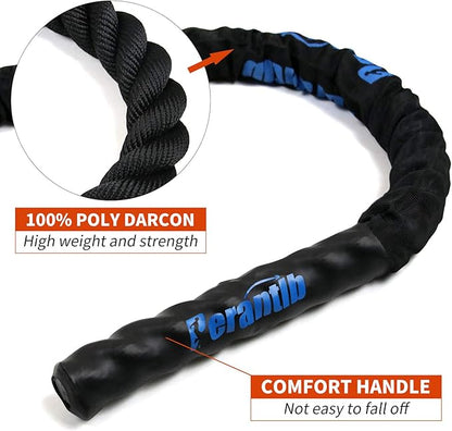Perantlb Battle Rope With Wear-Resistant Nylon Protective Sleeve - Heavy Battle Rope for Strength Training, Home Fitness Exercise - Anchor Strap Kit Included
