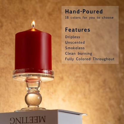 MOZEAL 3" x 6" Hand-Poured Unscented Red Pillar Candles,Dripless Candles Set of 3,Long Lasting Burning,Approx 100 Hours Burn Time for Wedding,Dinner,Christmas and Home Decor