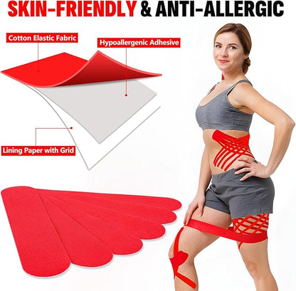 60PCS Precut Kinesiology Tape Strips, 2 inch x 10 inch Athletic Tape, Kinetic Tape, Elastic Muscle Tape, Sports Tape, Knee Tape for Exercise and Daily Use - Red