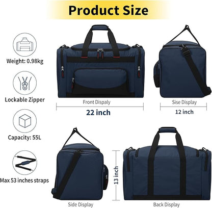 22 inch Gym Bag for Men - 55L Large Travel Duffle Bag Sports Equipment Bag with Multiple Zippered Pockets,Outdoor Workout Duffle Bag for Overnight Weekend - Navy Blue