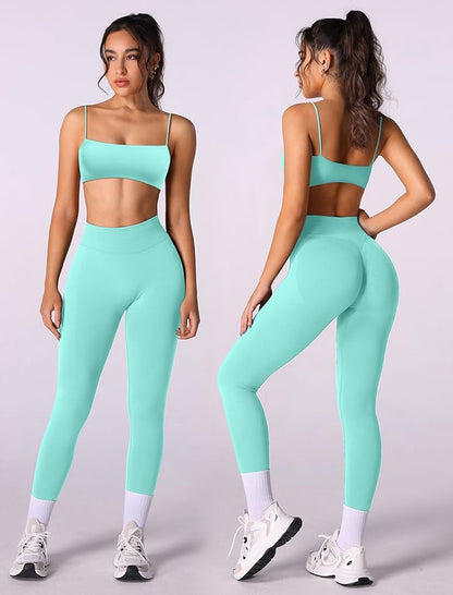 Workout sets for women 2 piece:Spaghetti Straps BacklessTop Bra and High Rise leggings for yoga