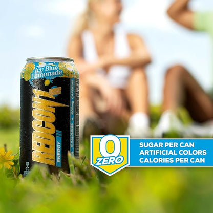 REDCON1 Energy High Performance Drink, Icy Blue Lemonade - Zero Sugar Energy Drink with Alpha GPC Nootropic - 200mg Natural Caffeine from Green Coffee Beans - Vitamin B6, B12 & B5 to Boost Mood (12 ct)