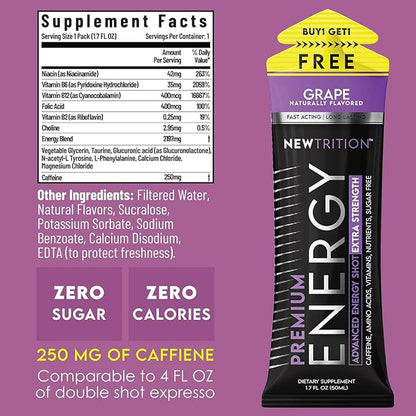 NewTrition® Extra Strength Energy Shots, 250mg Caffeine Energy Shots with Vitamin B & Amino Acids, Sugar-Free Vitamin Energy Shot, 1.7 fl oz (Pack of 6, Grape)