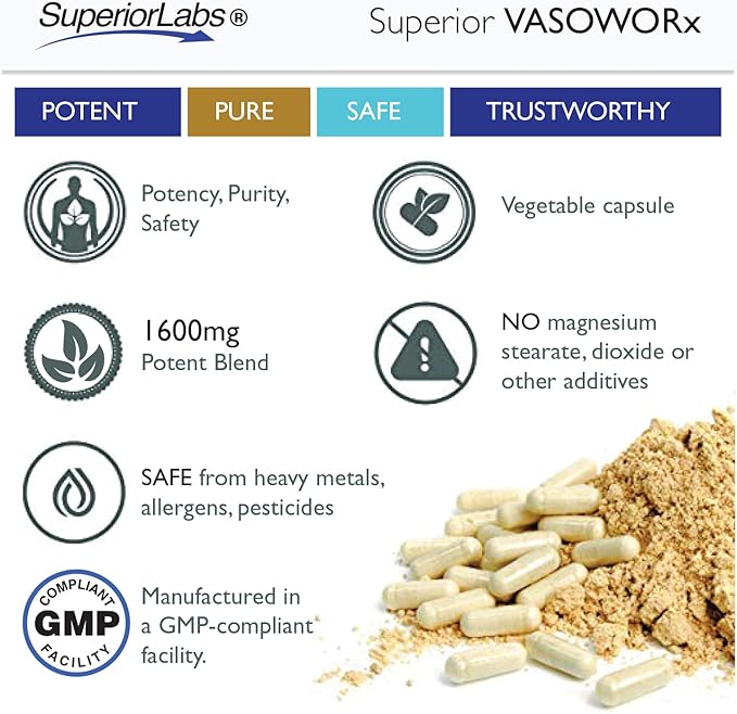 Superior Labs VASOWORx Nitric Oxide Booster 1600mg, Pure Non-GMO, Extra-Strength L-Arginine & L-Citrulline Blend, Supports Energy, Endurance, Muscle Pump & Healthy Circulation, 180 Veg Caps