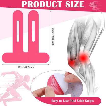 50 Pcs Precut Kinesiology Tape for Knees Pain Relief Elastic Waterproof Athletic Knee Tape for Support Stability Sports(Rose Red)