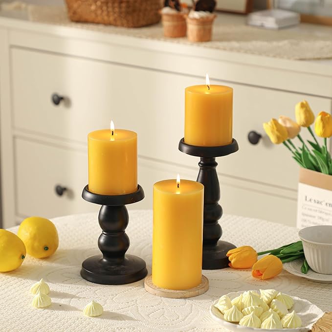 3x4 Inch Yellow Pillar Candles Set of 3 - Decorative Unscented Pillar Candle, Long Burning Dripless Candle for Table Decor, Smokeless Large Pillar Candles for Wedding Table Decor