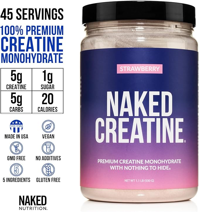 NAKED Creatine - Strawberry Flavored Creatine Monohydrate - Real Strawberry Powder, No Additives, Muscle Growth, Vegan, Non-GMO, Gluten Free, Soy Free - 45 Servings