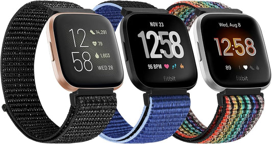 Tiptops 3 Pack Bands Compatible with Fitbit Versa 2/Fitbit Versa/Versa Lite/Versa SE for Women Men, Soft Nylon Sports Loop Replacement Wristband for Fitbit Versa 2 Straps