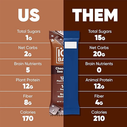 IQBAR Brain and Body Plant Protein Bars - Chocolate Sea Salt - 24-Count Low Carb - Gluten Free, High Fiber, Vegan Snacks - Low Sugar Meal Replacement
