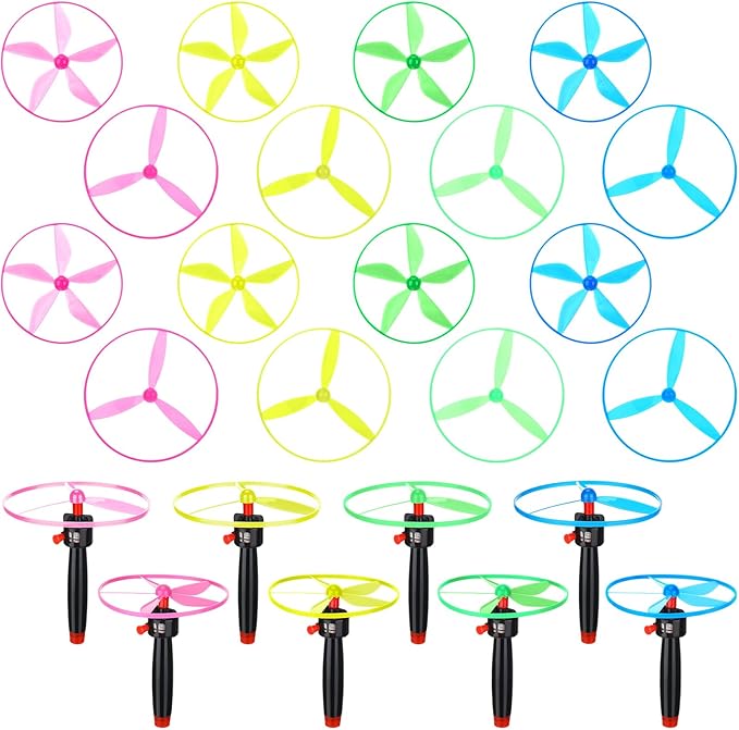 24 Pcs Flying Saucer Flying Disc Toy Helicopter Toy Disco Flyers Include 8 String Launchers and 16 Flying Saucer Flying Disc Launcher Flying Toys Little Teens Outdoor Activity Birthday Favors