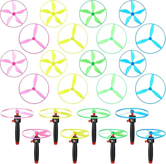 24 Pcs Flying Saucer Flying Disc Toy Helicopter Toy Disco Flyers Include 8 String Launchers and 16 Flying Saucer Flying Disc Launcher Flying Toys Little Teens Outdoor Activity Birthday Favors
