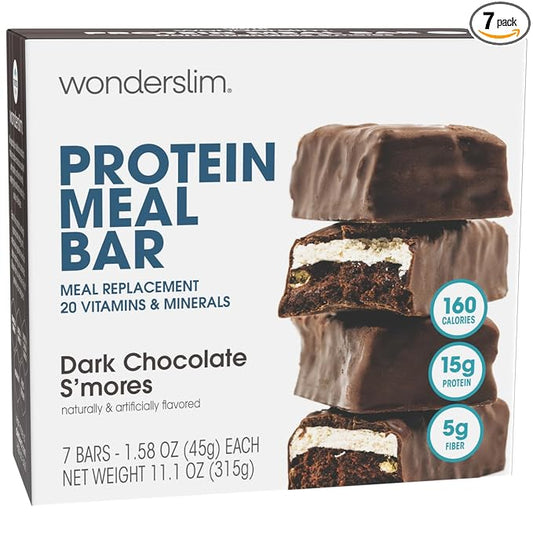 WonderSlim Meal Replacement Protein Bar, Dark Chocolate S'mores, 15g Protein, 20 Vitamins &