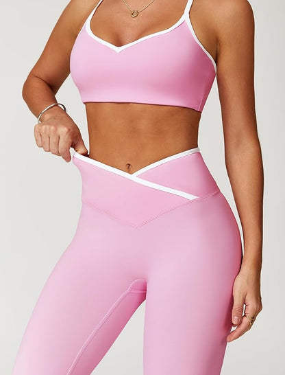 ABOCIW Workout Sets for Women 2 Piece Color Block Strappy Sports Bra High Waist Leggings Gym Yoga Pilates Outfits