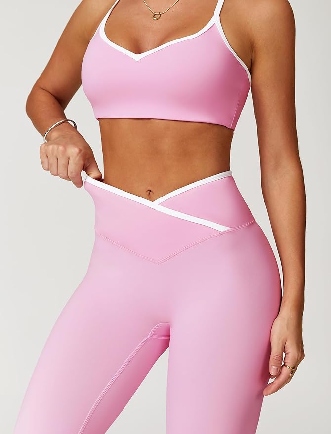 ABOCIW Workout Sets for Women 2 Piece Color Block Strappy Sports Bra High Waist Leggings Gym Yoga Pilates Outfits