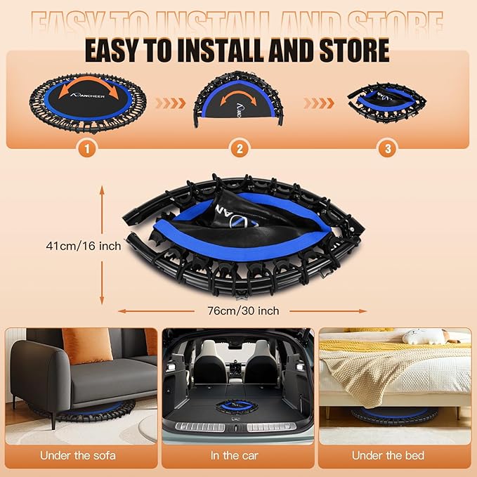 ANCHEER 40" Foldable Mini Trampoline,Max Load 450lbs/550lbs Indoor Trampoline,with 4 Level Adjustable Foam Handle and Resistance Bands,Adult Exercise Trampoline for Home, Garden, and Gym