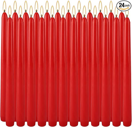 24 Pack Red Taper Candles, 7-8 Hours Burn Time, Unscented, Smokeless and Dripless, 0.75 x 10 Inch Dinner Candle Set for Christmas,Household, Wedding, Party and Home Décor Candlesticks