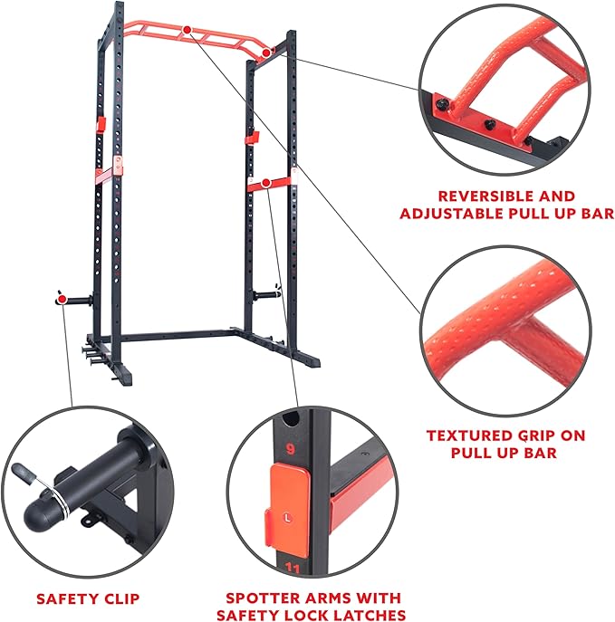 Sunny Health & Fitness Power Zone Strength Rack Power Cage - 1000 LB Weight Capacity, Spotter Bar, Angled Pull-Up Bar, J-Hooks, Resistance Band Pins, Optional LAT Pull Down