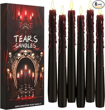 6 Pack Halloween Bleeding Candles, Black Vampire Tears Taper Candles Spooky Blood Drip Candles Set for Halloween Party Gothic Home Vampire Theme Rituals Decoration