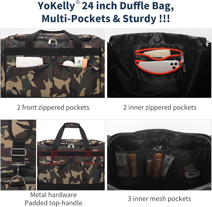 24 inch Large Gym Bag for Men - 65L Hard Bottom Duffle Bag with Shoes Compartment for Sport/Travel - Camo