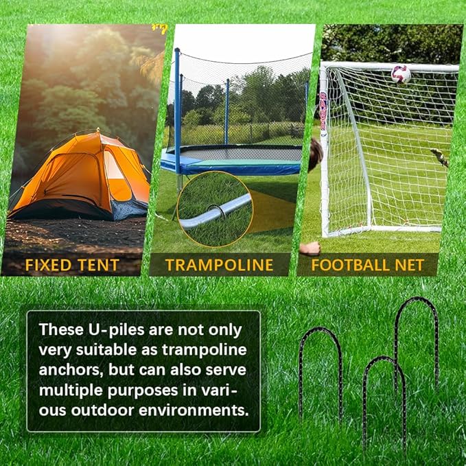 12" Trampoline Stake Anchors high Wind u Stakes for Ground Anchor Heavy Duty Stakes Trampoline Anchors Accessories (Black-8PCS)