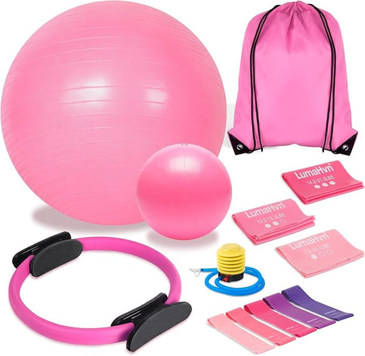 Pilates Essentials Kit for Home Workouts, Pink Pilates Equipment with Pilates Ring and Ball Set for Beginners,Workout Bands Resistance for Women, Large Yoga Ball for Pregnancy & Exercise