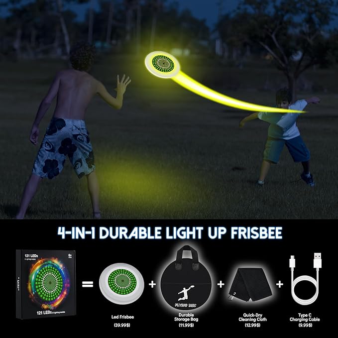 49LEDs Flying Disc with 16 Million Color RGB, 3 Modes+Rechargeable+Waterproof+175g, Cool Sports and Outdoors for Parks/Camping/Beach/Backyards,Easter & Birthday Gifts for Teens/Kids/Adults