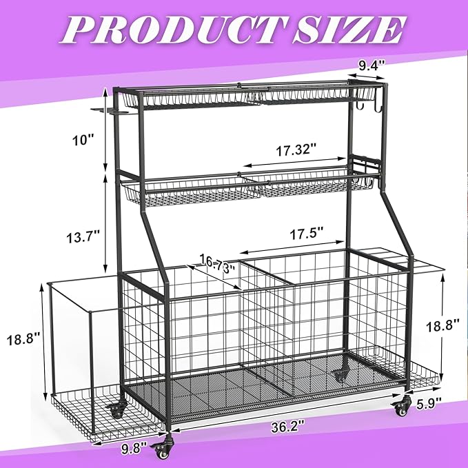 Sports Equipment Organizer, Outdoor Toy Storage - Garage Storage with 2 Side Racks & Removable Baskets, Heavy-Duty Garage Organization Ball Cart with Wheels for Sports