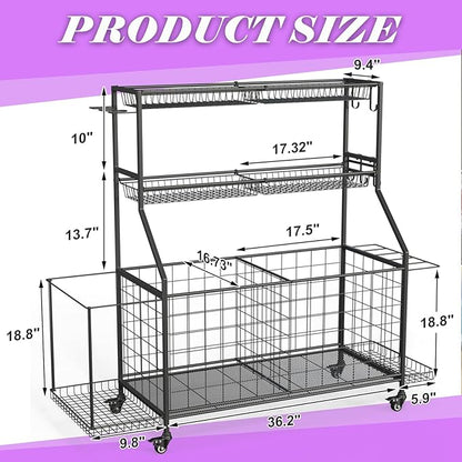 Sports Equipment Organizer, Outdoor Toy Storage - Garage Storage with 2 Side Racks & Removable Baskets, Heavy-Duty Garage Organization Ball Cart with Wheels for Sports