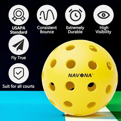 Navona 48 Pack Premium 40-Holes Yellow Outdoor Pickleball Balls, Meet USAPA Official Requirement, Perfectly Balanced, High Bounce True Flight, Durable Outdoor Pickleball Set