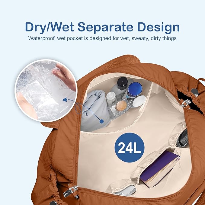 TOPDesign Travel Duffel Bag for Women, Puffer Gym Bag Sports Tote with Wet Pocket, Carry On Weekender with Luggage Sleeve (Brown)