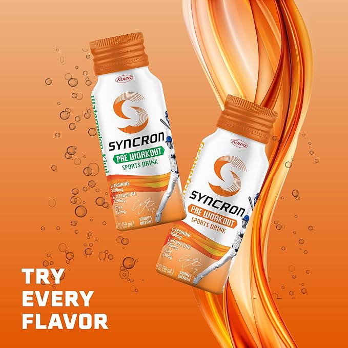Syncron Pre Workout Sports Drink Endorsed by Shohei Ohtani, Aluminum Bottled, Sugar Free Pre Workout Drink with L Arginine, L Citrulline & BCAAs for Athletes & Training, Grapefruit, 6 Pack, 2 oz