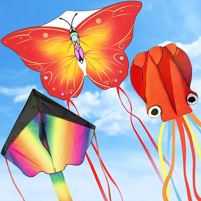 3 Pack Large Kites, Large Butterfly Kite, Colorful Delta and Red Octopus for Girls Boys Ages 4-8, 8-12, Adults