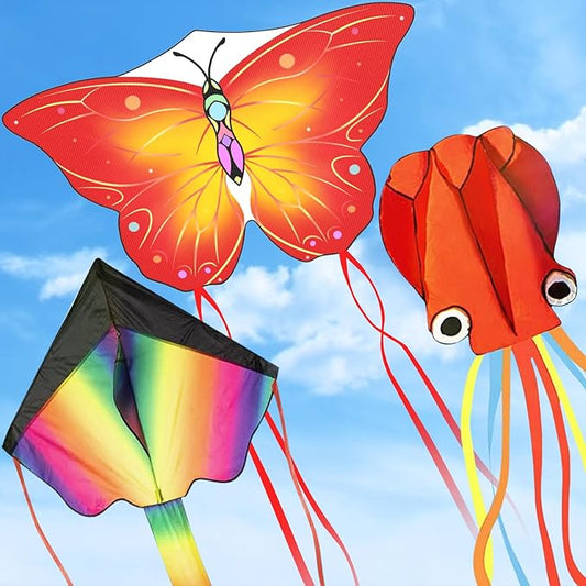 3 Pack Large Kites, Large Butterfly Kite, Colorful Delta and Red Octopus for Girls Boys Ages 4-8, 8-12, Adults