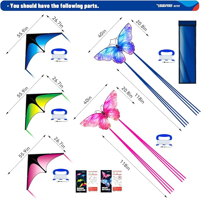 3 Piece Set Butterfly Delta Octopus Kites for Kids and Adults，Easy to Fly for Outdoor Adults Children Line Kite for Kids Toy (3 Gradient Grassland+2 Butterfly, 5)