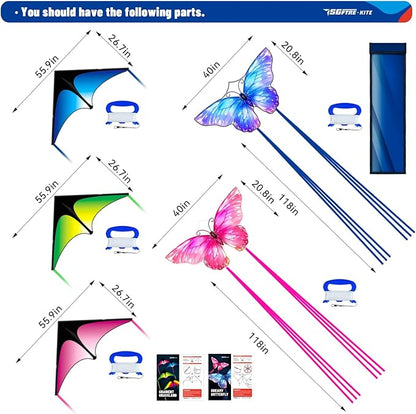 3 Piece Set Butterfly Delta Octopus Kites for Kids and Adults，Easy to Fly for Outdoor Adults Children Line Kite for Kids Toy (3 Gradient Grassland+2 Butterfly, 5)