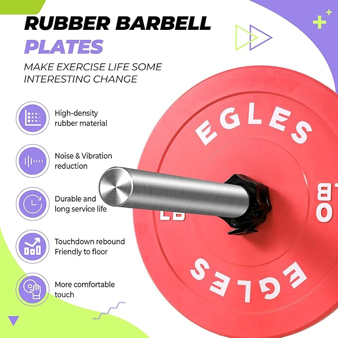 EGLES Vibrant Colorful Olympic Weight Plates, Rubber Barbell Plates, 2-inch Standard Virgin Rubber Bumper Plate 10 15 25 35 45LB for Home Gym Weightlifting, Strength Training, Fit Workouts