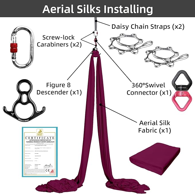 PRIOR FITNESS Aerial Silks Set, Professional Thicker Low Stretch Fabric 9/15/20 Yards Aerial Silk Swing Set with Hardware Guide, Yoga Starter Kit For Home, Aerial Yoga Hammock, Silks for Gymnastics, Antigravity Yoga, Inversion Exercise-All Levels